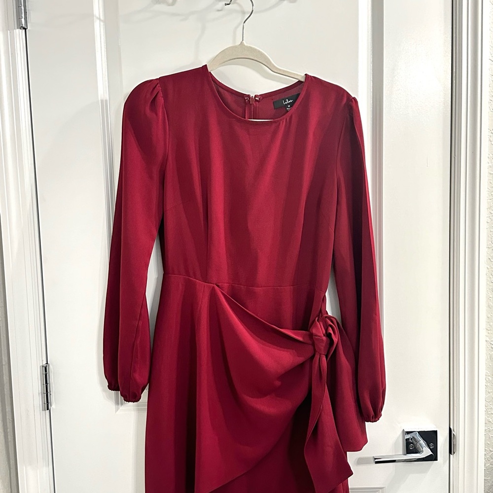 Lulu’s wine red skater dress with front tie wrap and long sleeves mid thigh - Picture 8 of 14